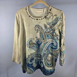 Alfred Dunner Women's Paisley Glitter Knit Top Bejeweled Neckline Size XL (P-17)